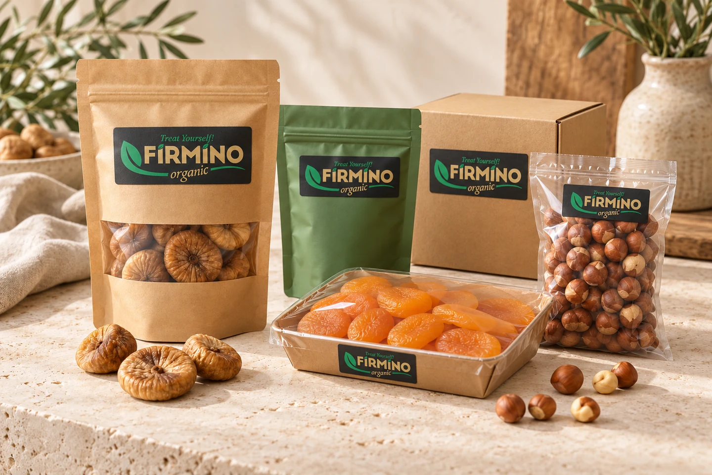 A packaging presentation with boxes, pouches and food products