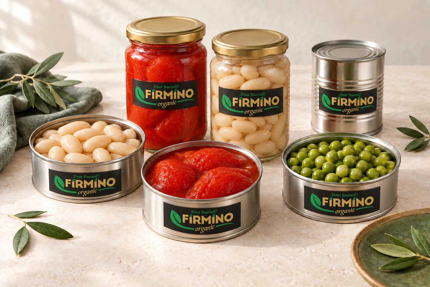 Tomatoes, white beans and green peas in FIRMINO branded tins and jars