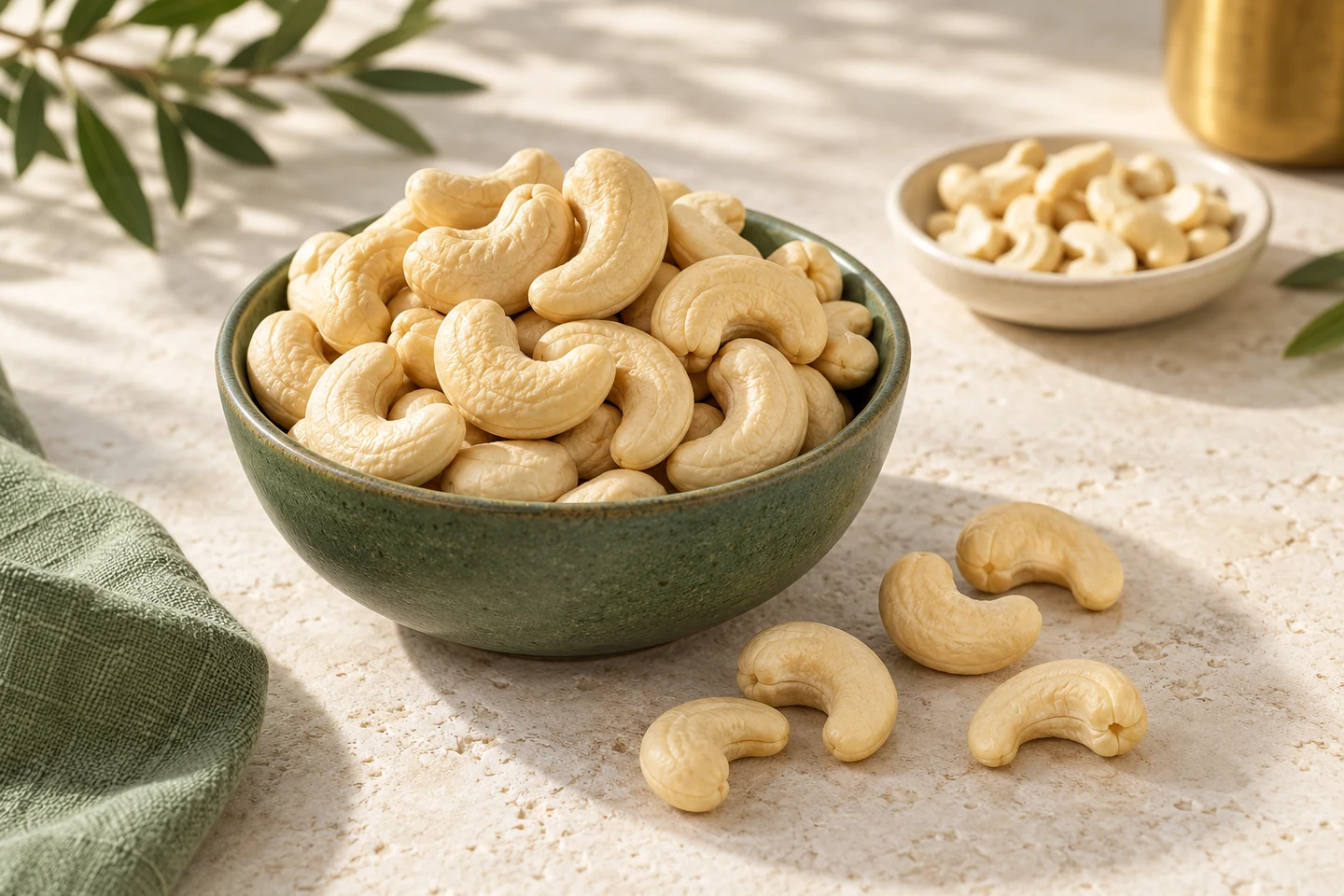 Whole shelled cashew kernels in a green ceramic bowl