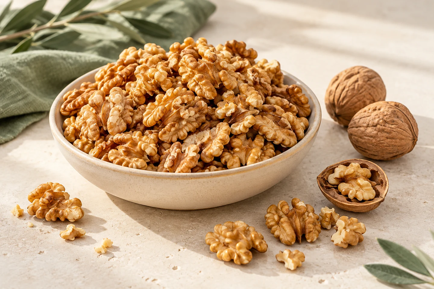 Walnut halves and whole walnuts in a ceramic bowl