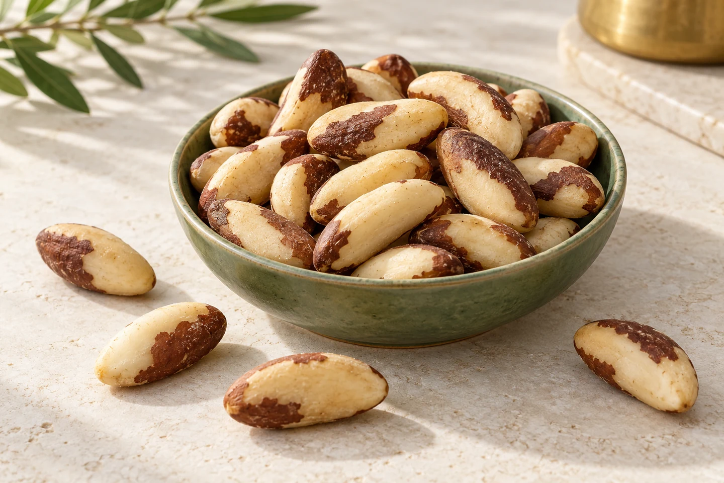 Shelled Brazil nut kernels with patches of brown skin