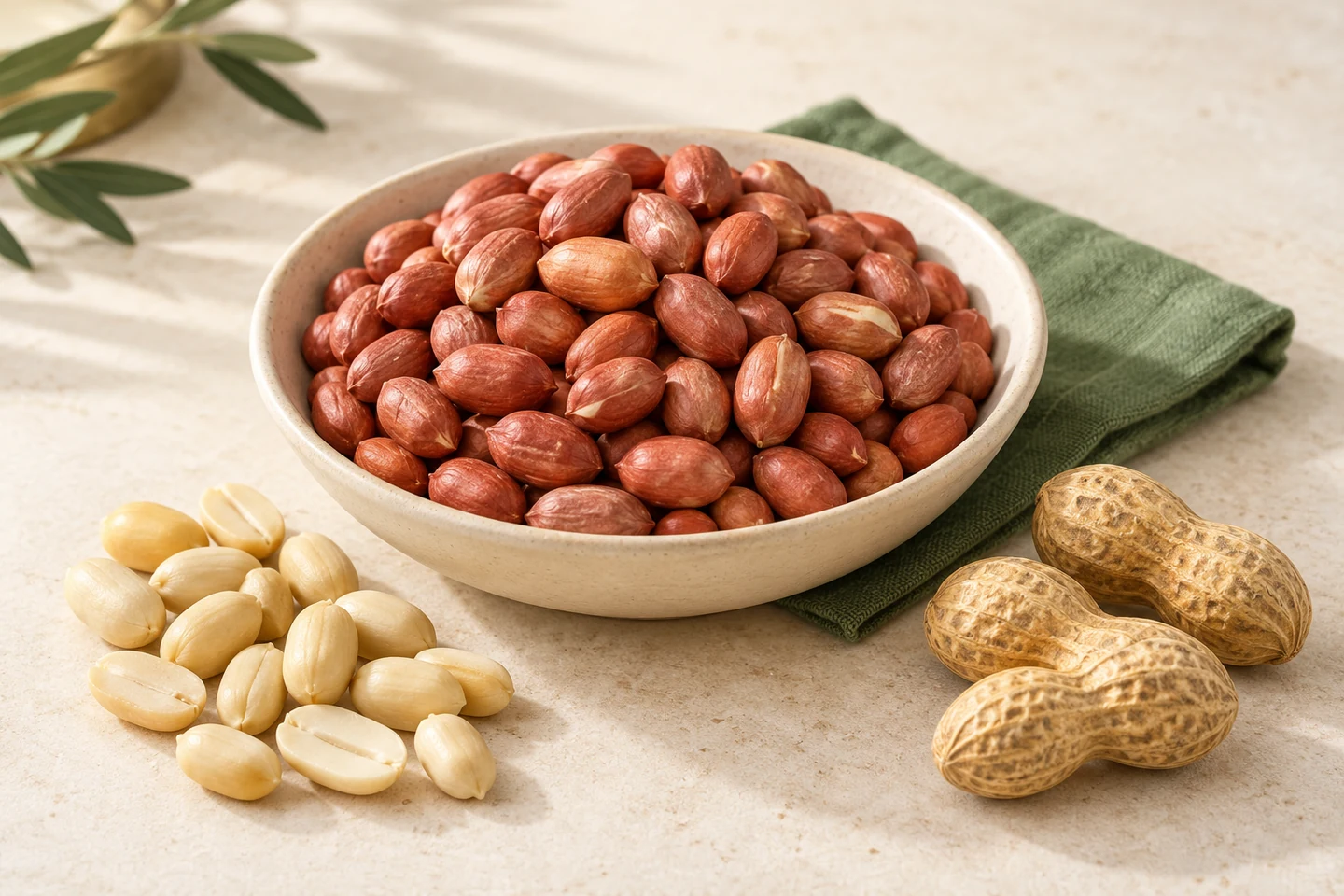 Skin-on and blanched peanuts with a few peanut pods