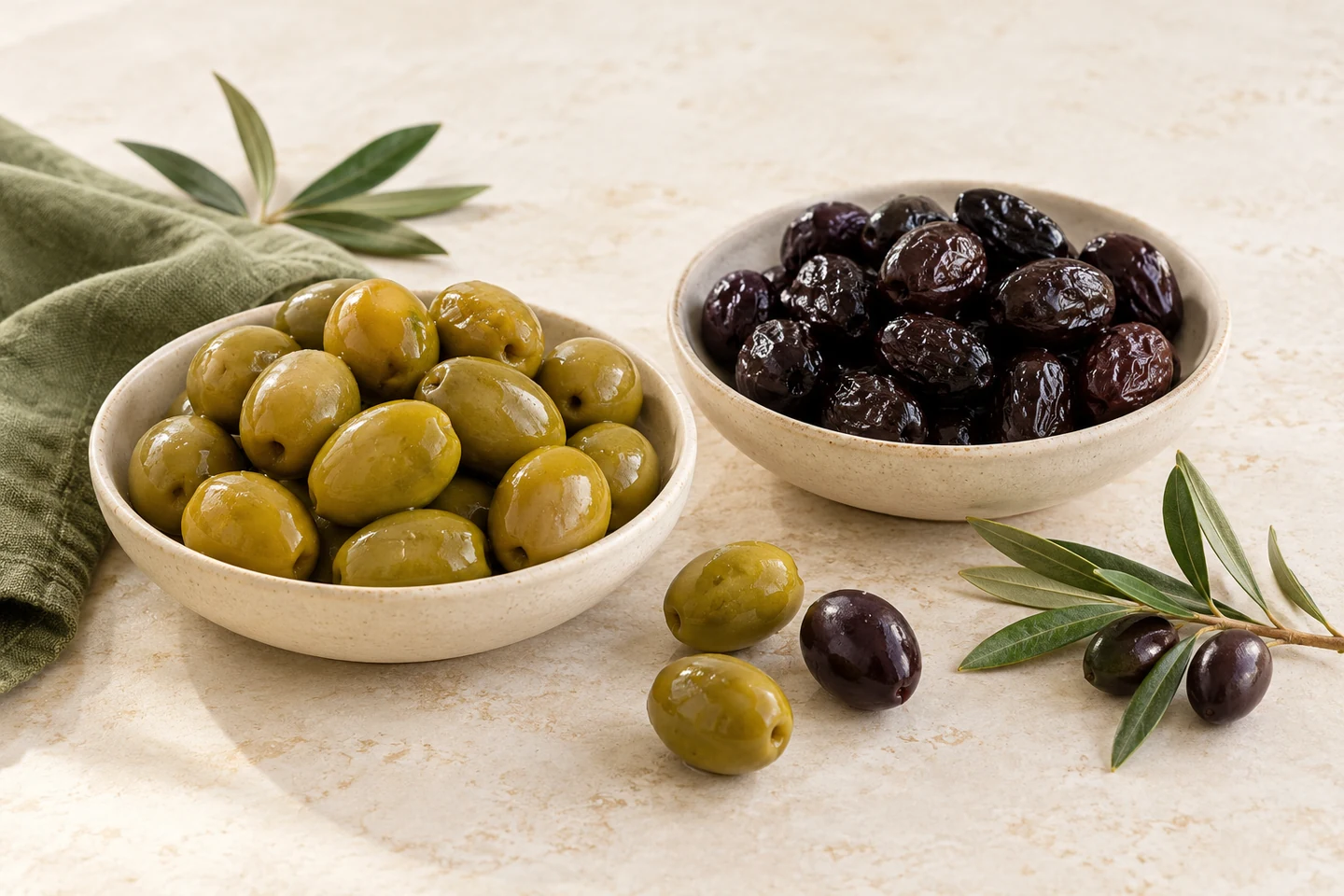 Green and black table olives in two ceramic bowls