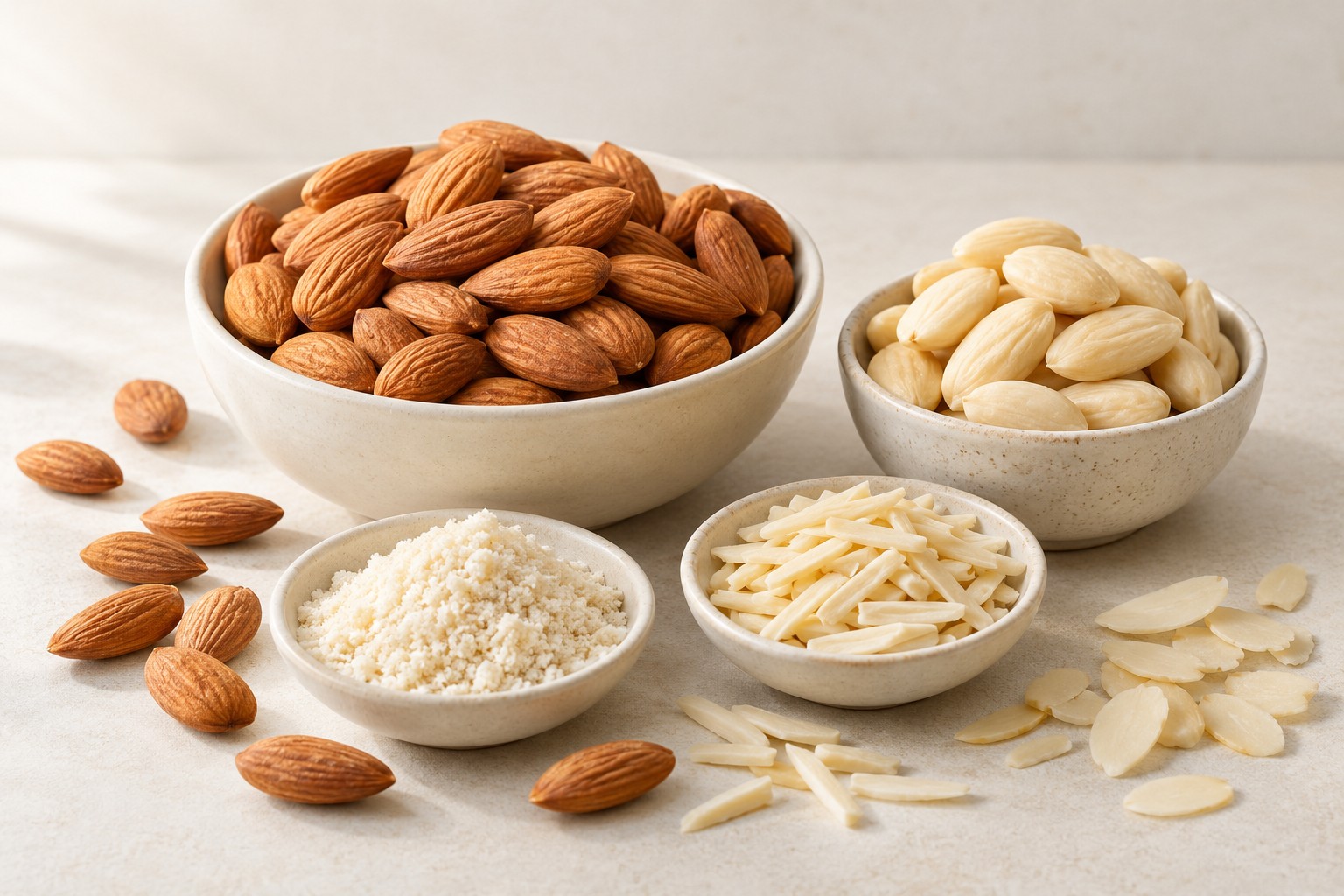Natural and blanched almonds with almond ingredients