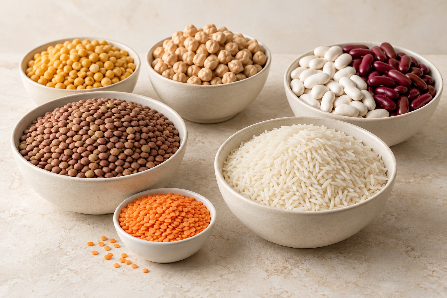 Lentils, chickpeas, beans and rice in separate bowls