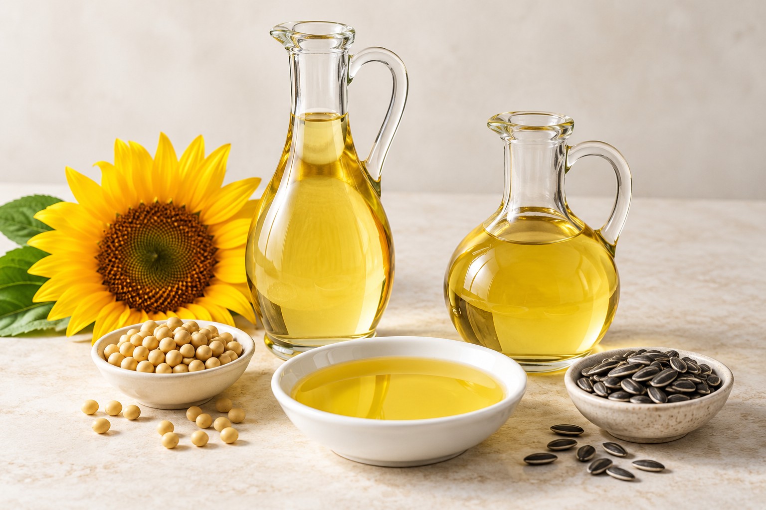 Vegetable oil bottles with sunflower seeds